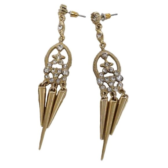 Dangle Earrings Gold Tone Metal Rhinestones Spiky Drop Chandelier Style 3.5" L - Picture 1 of 8